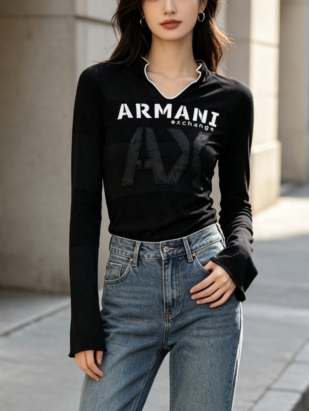 Y2k Armani Exchange Black Logo Cowl-Neck Sweater size XS